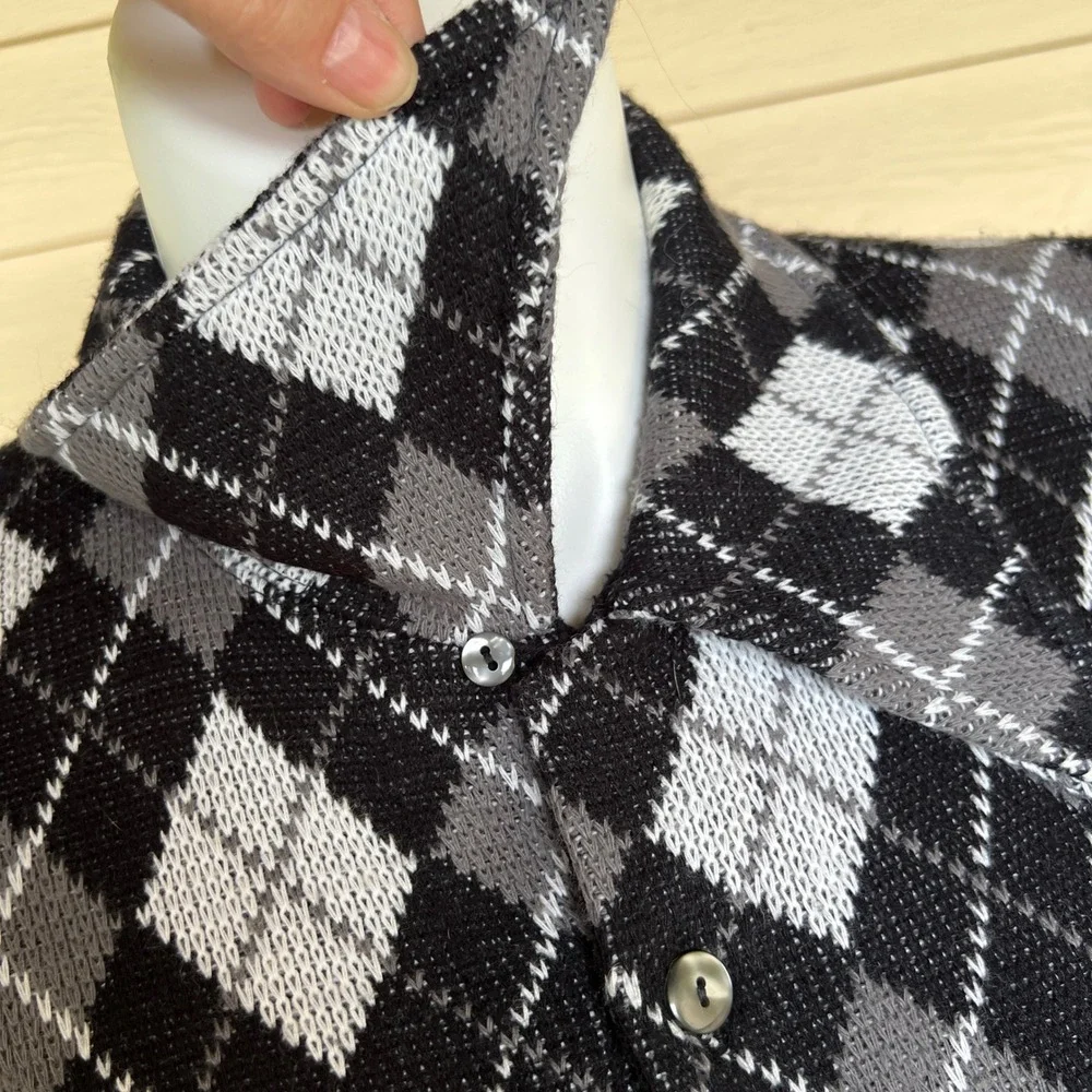 Vintage Don Loper Argyle Cardigan Dagger Collar Black White Gray